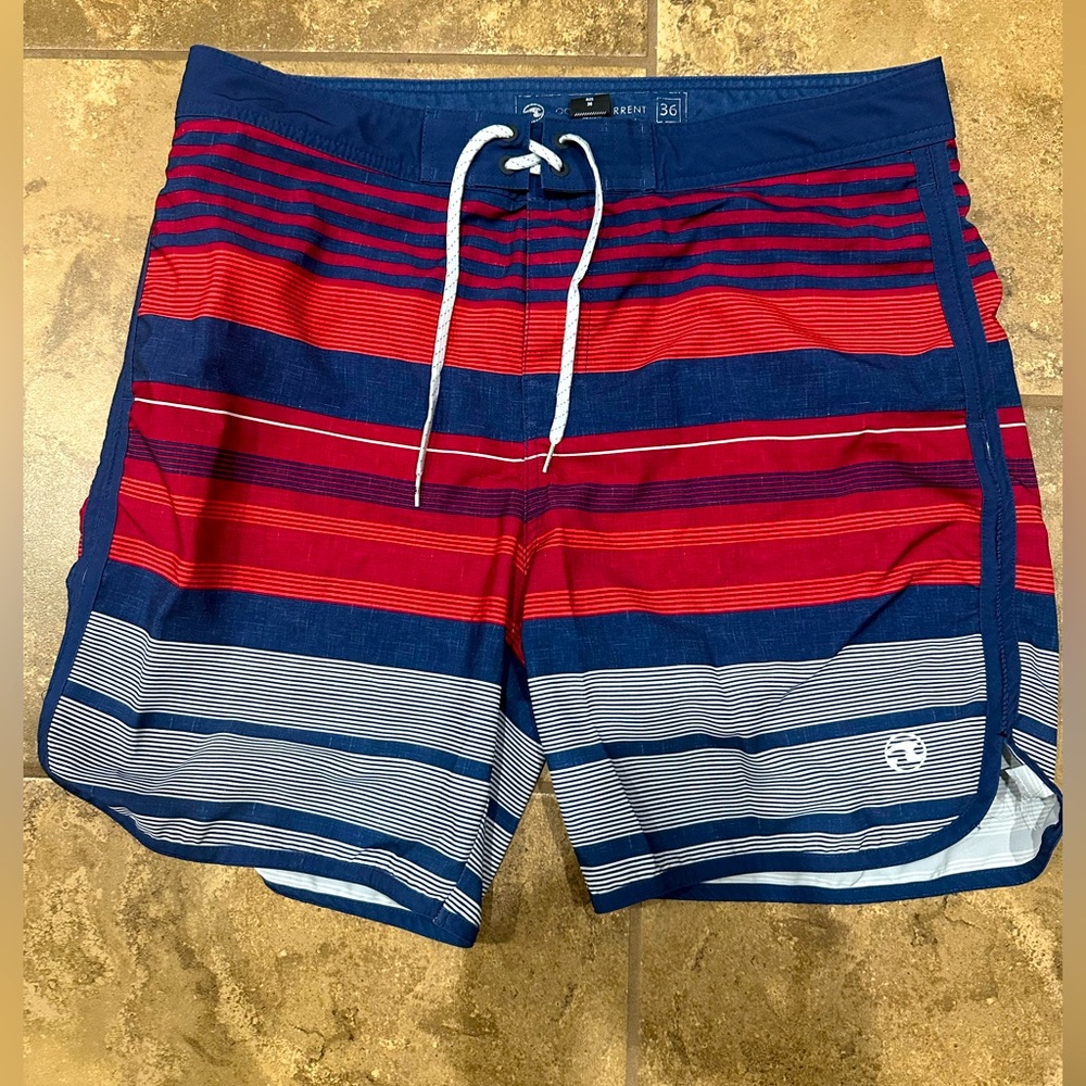 Ocean Current Red and Blue Board Shorts with Bold Stripes